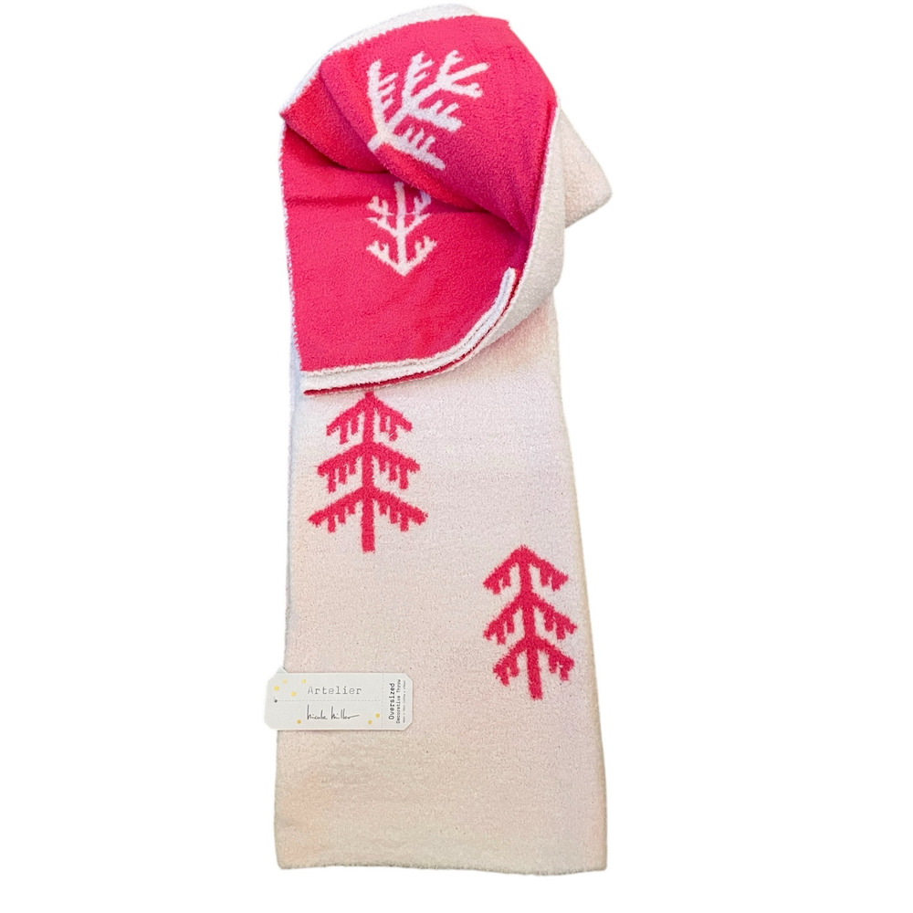 Nicole Miller Reversible Christmas Tree Throw Blanket 50x70 Hot Pink & White New